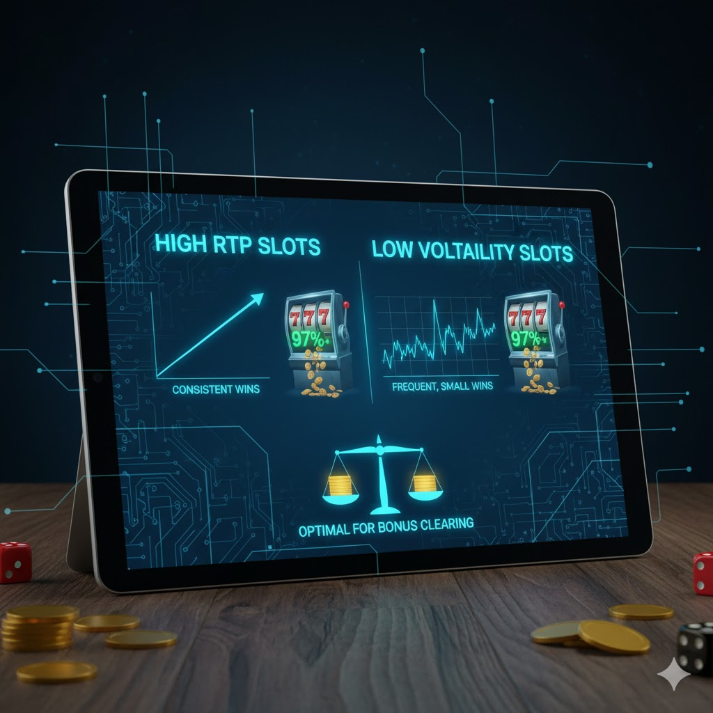 Digital slot screen displaying high RTP percentage and low volatility graph, indicating frequent small wins, ideal for clearing bonus requirements with a steady bankroll.